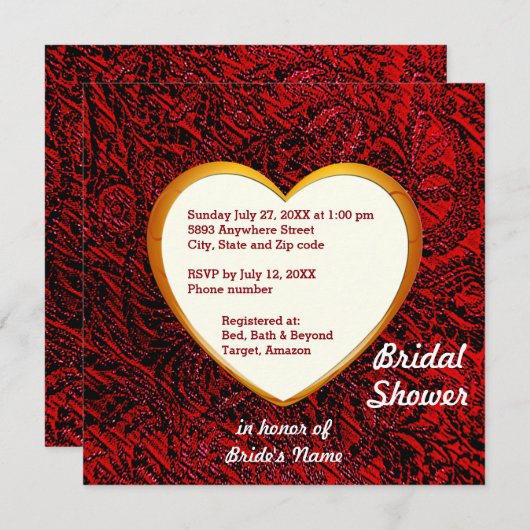 Gold Heart & Red Fabric Bridal Shower Kaart (Voorkant / Achterkant)