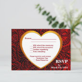 Gold Heart & Red Fabric RSVP & Menu Flat Kaart (Staand voorkant)