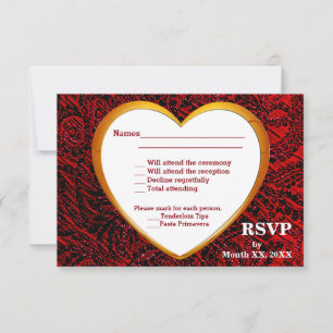 Gold Heart & Red Fabric RSVP & Menu Flat Kaart