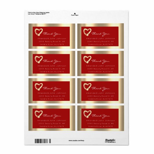 Gold Heart Red Rommed Weddenschap RSVP Etiket (Full Sheet)