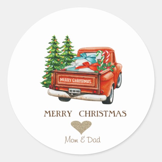 Gold Heart, Red Truck Pine Trees Kerstmis Ronde Sticker (Voorkant)