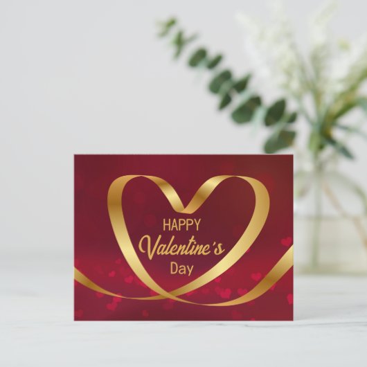 Gold Heart Ribbon Happy Valentine's Day Red Briefkaart (Staand voorkant)