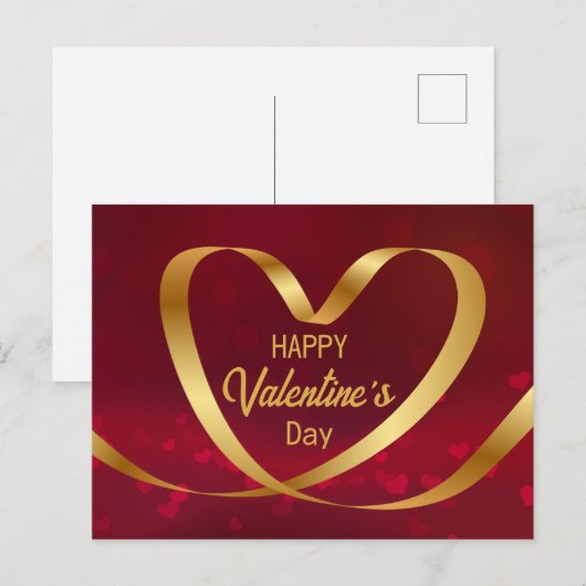 Gold Heart Ribbon Happy Valentine's Day Red Briefkaart (Voorkant / Achterkant)
