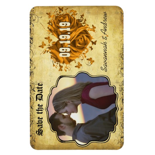 Gold Heart Rozen & Buttterflies Sla de datum op Magneet (Verticaal)