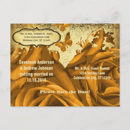 Gold Heart Rozen en Butterflies Sla de datum op Aankondigingskaart (Achterkant)