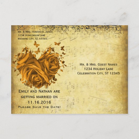 Gold Heart Rozen en Butterflies Sla de datum op Aankondigingskaart (Achterkant)