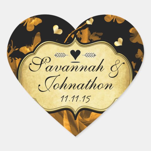 Gold Heart Rozen en Butterflies Wedding Hart Sticker (Voorkant)