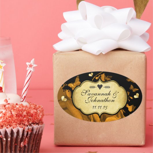 Gold Heart Rozen en Butterflies Wedding Seal Ovale Sticker (Feest)