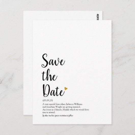 Gold Heart Script Save the Date Definition Briefkaart (Voorkant / Achterkant)