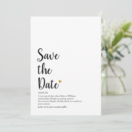 Gold Heart Script Save the Date Definition Kaart (Staand voorkant)
