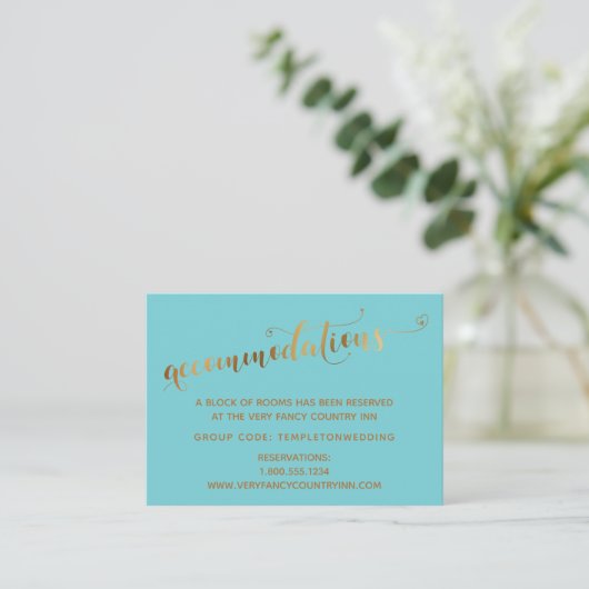 Gold Heart Script Turquoise Wedding Accommodations Informatiekaartje (Staand voorkant)