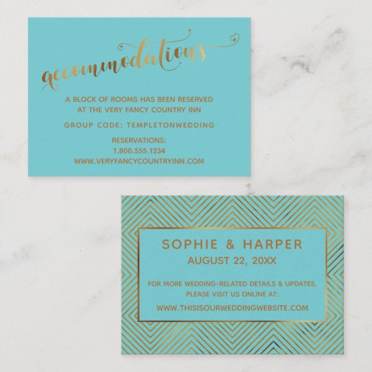 Gold Heart Script Turquoise Wedding Accommodations Informatiekaartje (Voorkant / Achterkant)