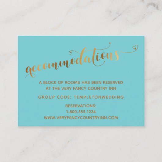 Gold Heart Script Turquoise Wedding Accommodations Informatiekaartje (Voorkant)