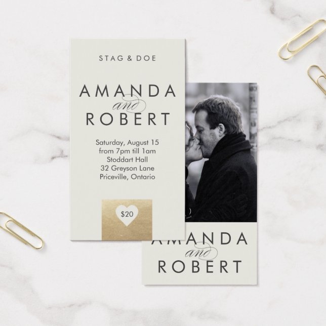 Gold Heart Stag & Doe Ticket, Cream Visitekaartje (Kantoor)