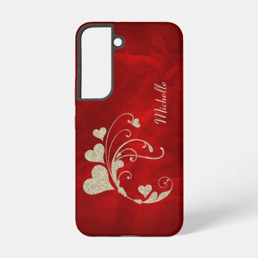Gold Heart Swirl Glitter op Red Samsung Galaxy Hoesje (Achterkant)
