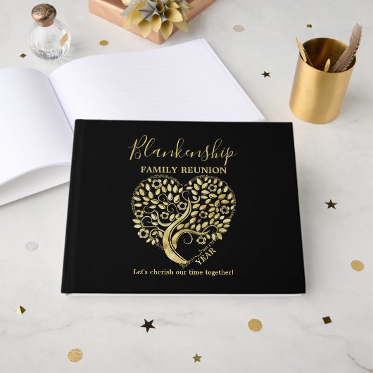 Gold Heart Tree Family Reunion Party Essentials Go Gastenboek (Voorkant open)