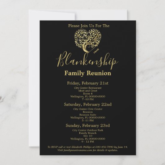 Gold Heart Tree Family Reunion Sjabloon Invitation Kaart (Voorkant)