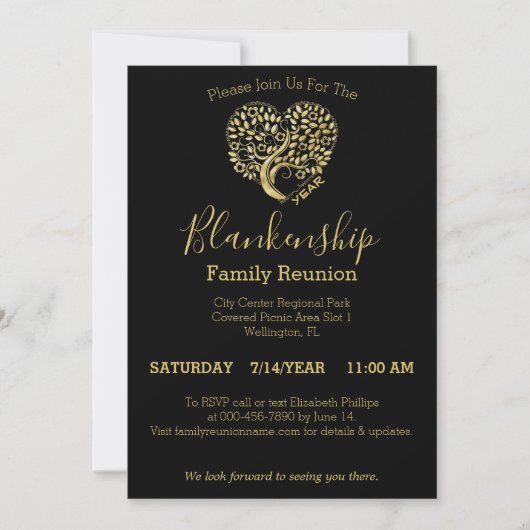 Gold Heart Tree Family Reunion Sjabloon Invitation Kaart (Voorkant)