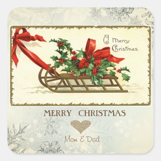 Gold Heart, Vintage-kerstkleed, Mistletoe Vierkante Sticker (Voorkant)