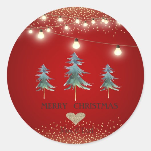 Gold Heart, Waterverf kerstbomen, licht Ronde Sticker (Voorkant)