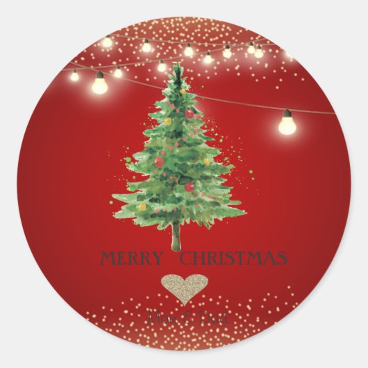 Gold Heart, Waterverf kerstboom, StrinG-lichten Ronde Sticker (Voorkant)