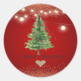 Gold Heart, Waterverf kerstboom, StrinG-lichten Ronde Sticker