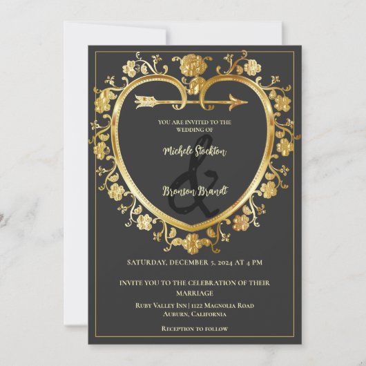 Gold Heart Wedding Uitnodiging (Voorkant)