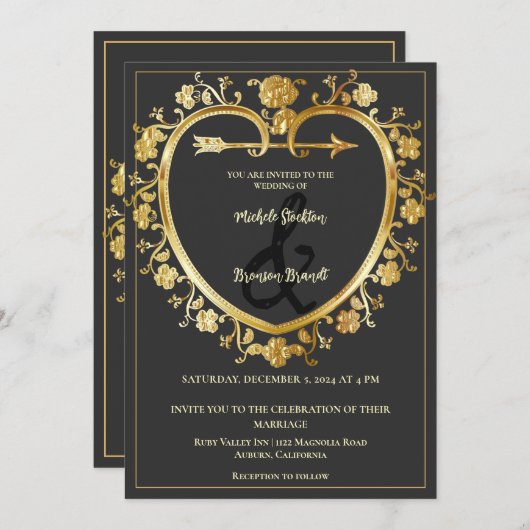 Gold Heart Wedding Uitnodiging (Voorkant / Achterkant)