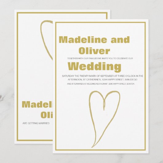 Gold Heart White Simple Wedding Kaart (Voorkant / Achterkant)