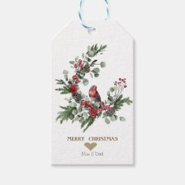 Gold Heart, Wreath Red Kardinaal Kerstmis Cadeaulabel
