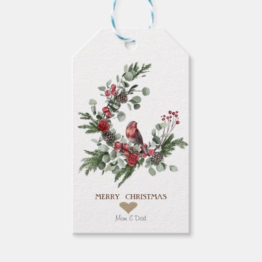 Gold Heart, Wreath Red Kardinaal Kerstmis Cadeaulabel (Voorkant)