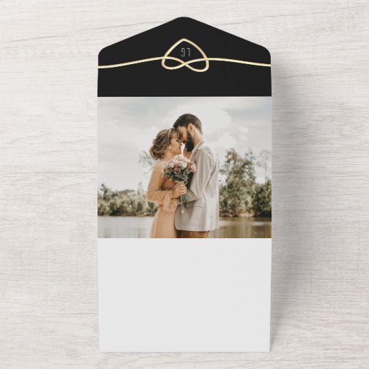 Gold Heart Zwart-wit bruiloft All In One Uitnodiging (Buitenkant)