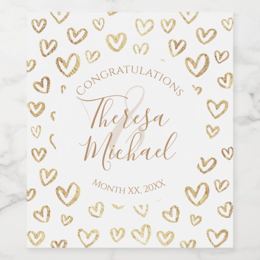 Gold Hearts Bruiloft Aangepaste Gezegde Naam Datum Wijn Etiket (Enkel label)