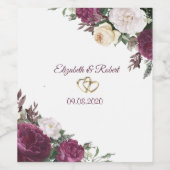 Gold Hearts Burgundy Floral Wedding Wijn Etiket (Enkel label)