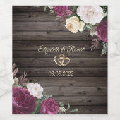 Gold Hearts Burgundy Flowers Wood Wijn Etiket (Enkel label)