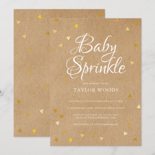 Gold Hearts Confetti Baby Sprinkle Rustic Kraft Kaart (Voorkant / Achterkant)