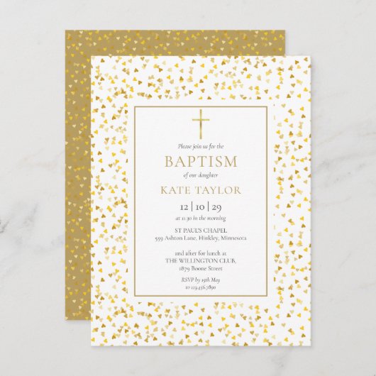 Gold Hearts Confetti Baptisme Christening Uitnodiging Briefkaart (Voorkant / Achterkant)
