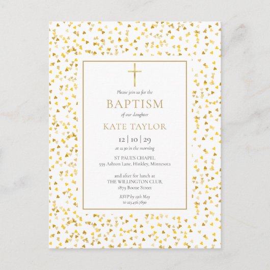 Gold Hearts Confetti Baptisme Christening Uitnodiging Briefkaart (Voorkant)