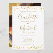 Gold Hearts Confetti Elegant Script Photo Weddensc Kaart (Voorkant / Achterkant)