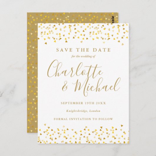 Gold Hearts Confetti Save the Date Briefkaart (Voorkant / Achterkant)