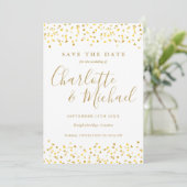Gold Hearts Confetti Script Photo Weddenschap Save The Date (Staand voorkant)