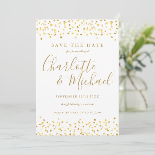 Gold Hearts Confetti Script Photo Weddenschap Save The Date (Staand voorkant)