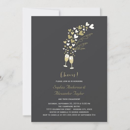 Gold Hearts en Champagne Cheers Engagement Party Kaart (Voorkant)