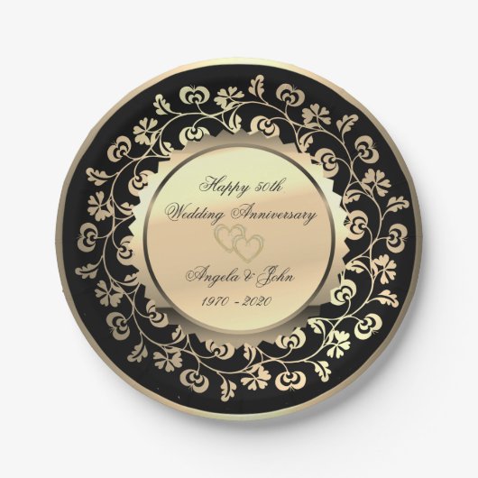 Gold Hearts Floral 50th Wedding Anniversar Papieren Bordje (Voorkant)