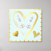 Gold Hearts King and Queen Chess Pieces on Blue | Canvas Afdruk (Voorkant)