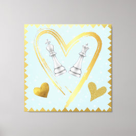 Gold Hearts King and Queen Chess Pieces on Blue | Canvas Afdruk