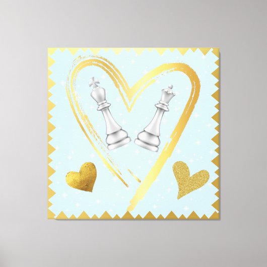 Gold Hearts King and Queen Chess Pieces on Blue | Canvas Afdruk (Voorkant)