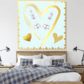 Gold Hearts King and Queen Chess Pieces on Blue | Canvas Afdruk (Insitu (Slaapkamer))