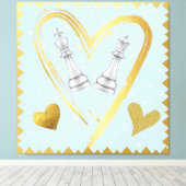Gold Hearts King and Queen Chess Pieces on Blue | Canvas Afdruk (Insitu (Houten vloer))