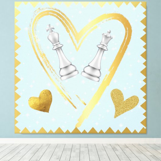 Gold Hearts King and Queen Chess Pieces on Blue | Canvas Afdruk (Insitu (Houten vloer))